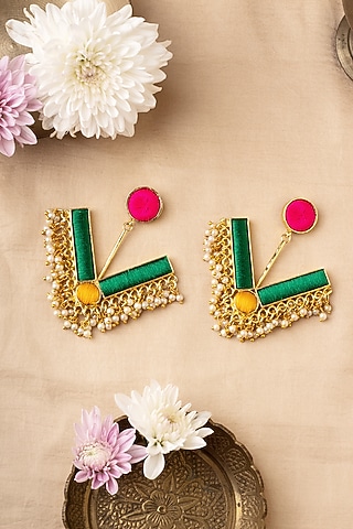 Matte Gold Finish Multi-Colored Embroidered & Pearl Geometrical Dangler Earrings by Bauble Bazaar