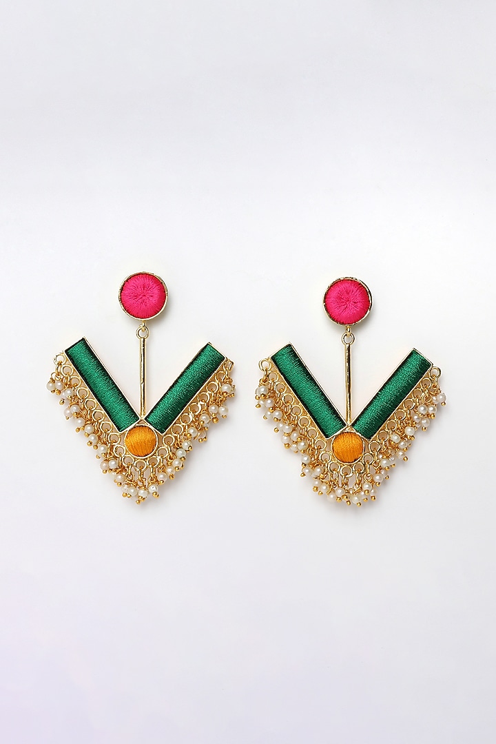 Matte Gold Finish Multi-Colored Embroidered & Pearl Geometrical Dangler Earrings by Bauble Bazaar at Pernia's Pop Up Shop