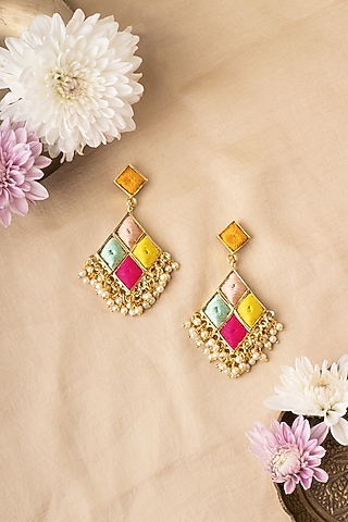 Matte Gold Finish Multi-Colored Embroidered & Pearl Dangler Earrings by Bauble Bazaar
