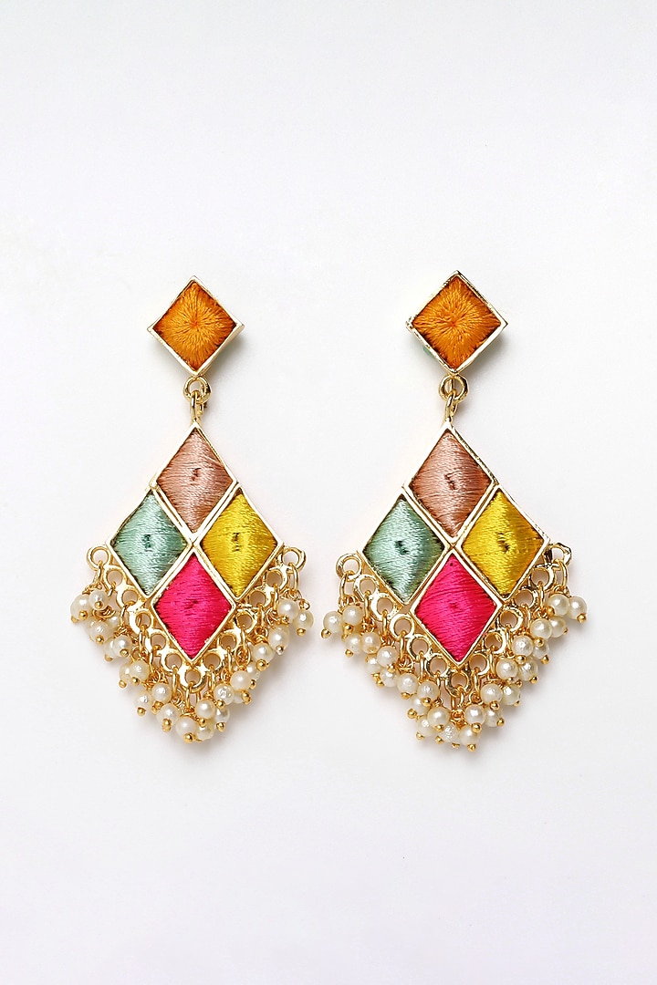 Matte Gold Finish Multi-Colored Embroidered & Pearl Dangler Earrings by Bauble Bazaar at Pernia's Pop Up Shop