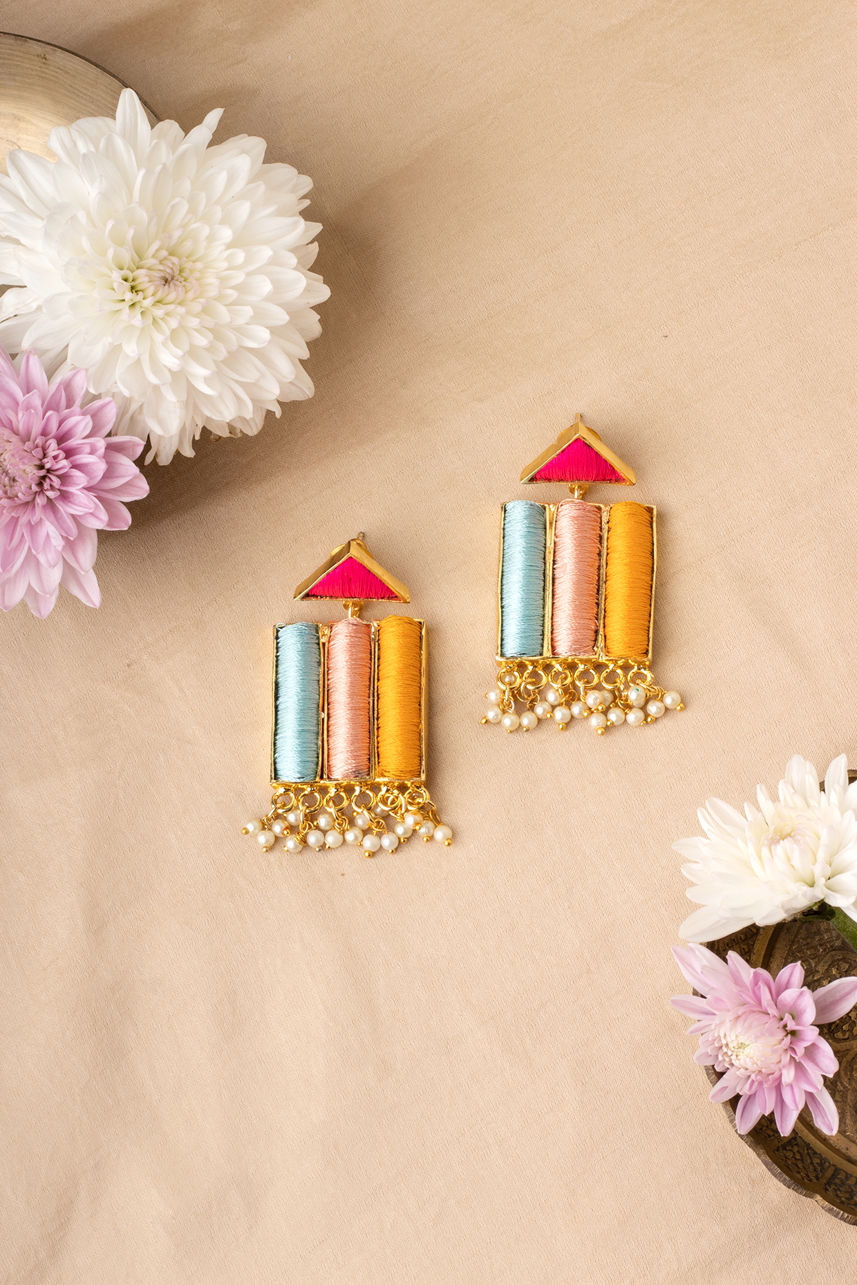 Matte Gold Finish Multi-Colored Embroidered & Pearl Geometrical Dangler Earrings by Bauble Bazaar at Pernia's Pop Up Shop