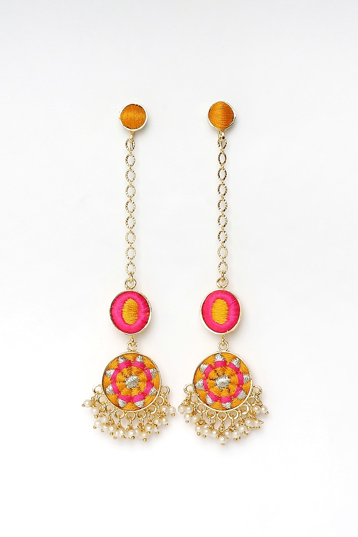 Matte Gold Finish Zari Embroidered & Pearl Tiered Dangler Earrings by Bauble Bazaar at Pernia's Pop Up Shop