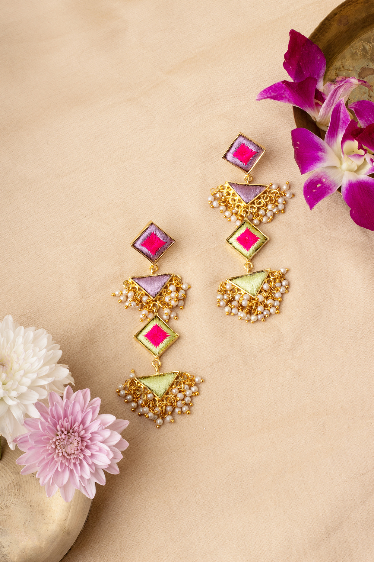 Matte Gold Finish Multi-Colored Embroidered & Pearl Dangler Earrings by Bauble Bazaar at Pernia's Pop Up Shop