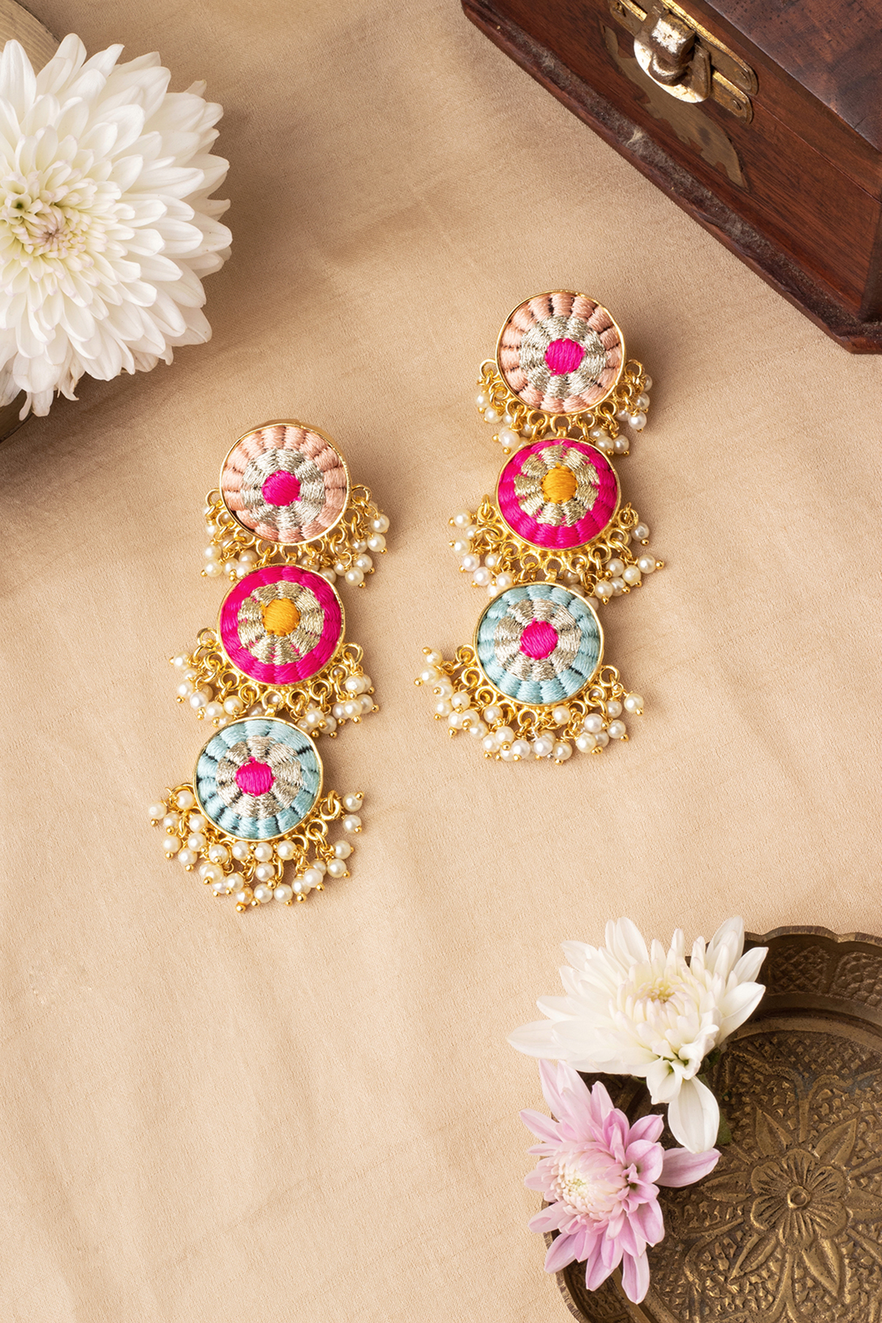 Matte Gold Finish Multi-Colored Zari Embroidered & Pearl Tiered Dangler Earrings by Bauble Bazaar at Pernia's Pop Up Shop