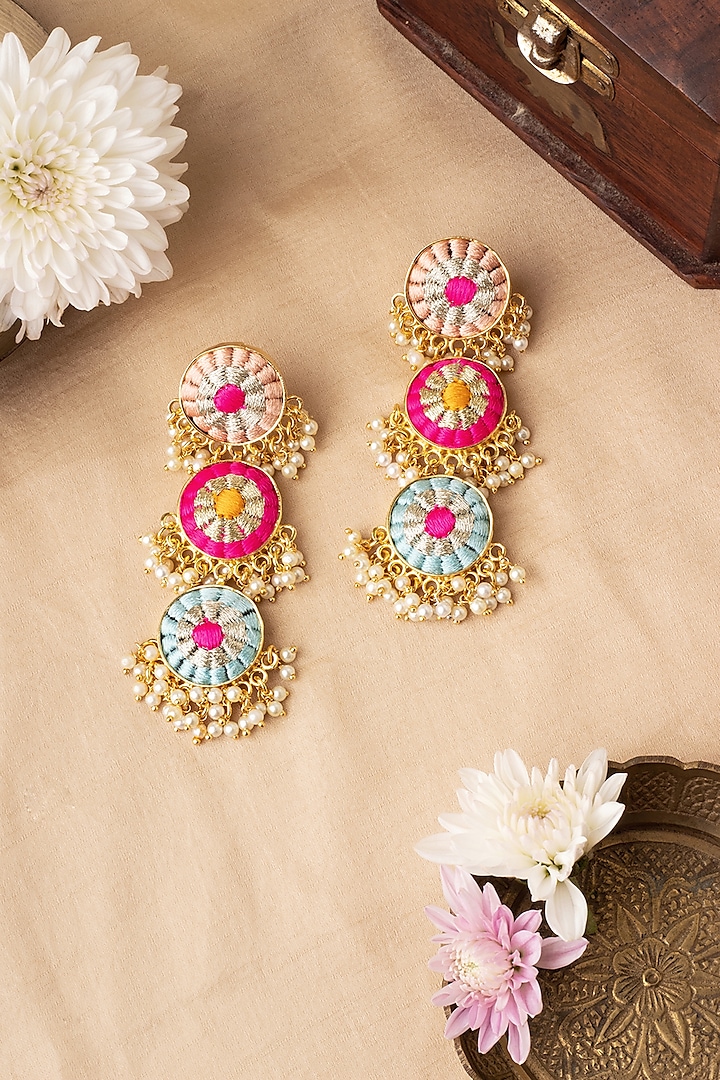Matte Gold Finish Multi-Colored Zari Embroidered & Pearl Tiered Dangler Earrings by Bauble Bazaar at Pernia's Pop Up Shop