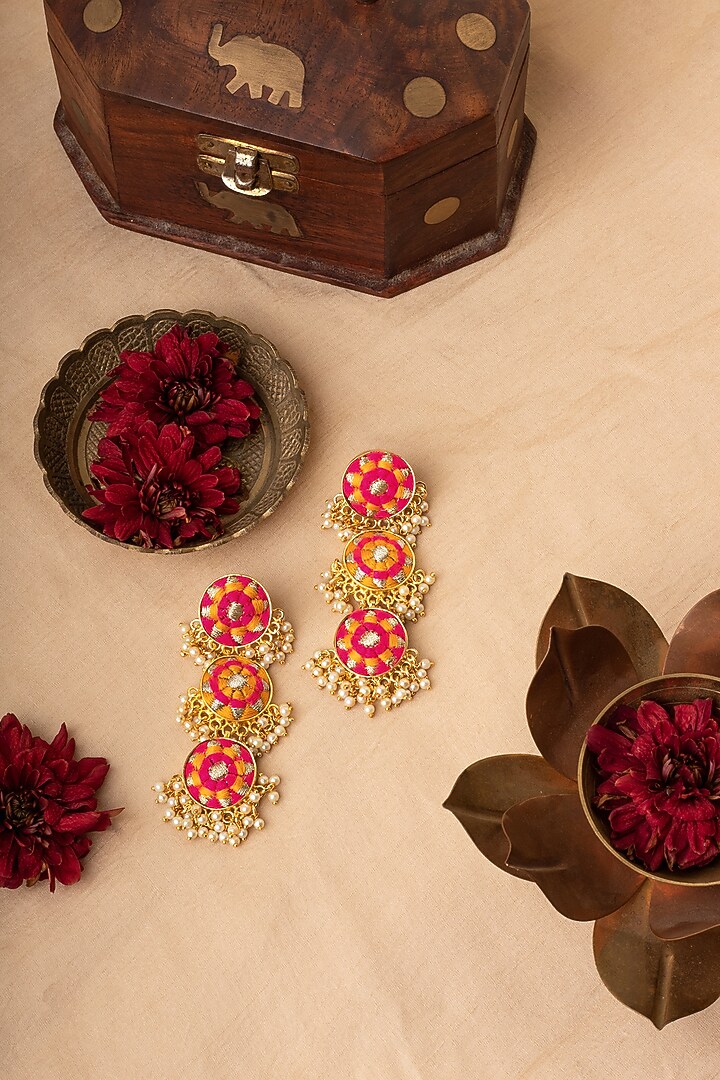 Matte Gold Finish Zari Embroidered & Pearl Tiered Dangler Earrings by Bauble Bazaar at Pernia's Pop Up Shop