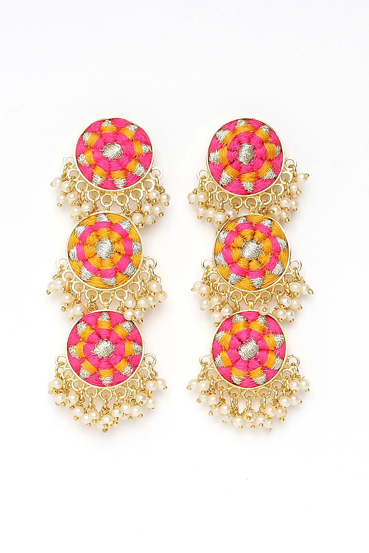 Matte Gold Finish Zari Embroidered & Pearl Tiered Dangler Earrings by Bauble Bazaar at Pernia's Pop Up Shop