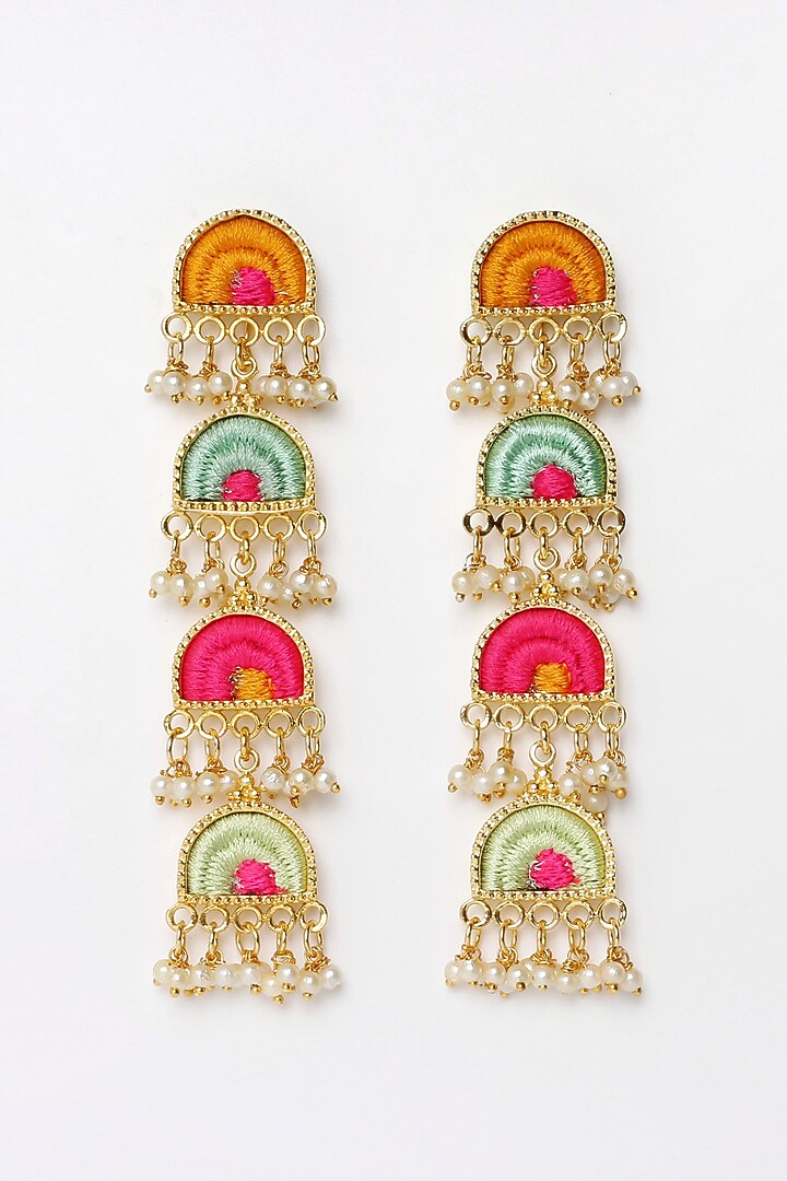 Matte Gold Finish Embroidered & Pearl Tiered Semi-Circular Dangler Earrings by Bauble Bazaar at Pernia's Pop Up Shop