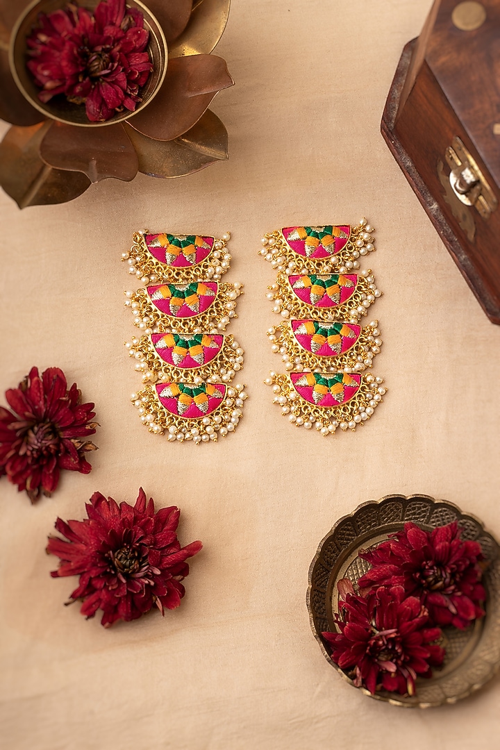 Matte Gold Finish Zari Embroidered & Pearl Tiered Semi-Circular Dangler Earrings by Bauble Bazaar at Pernia's Pop Up Shop