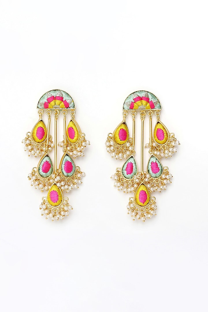 Matte Gold Finish Embroidered Semi-Circular Dangler Earrings by Bauble Bazaar at Pernia's Pop Up Shop