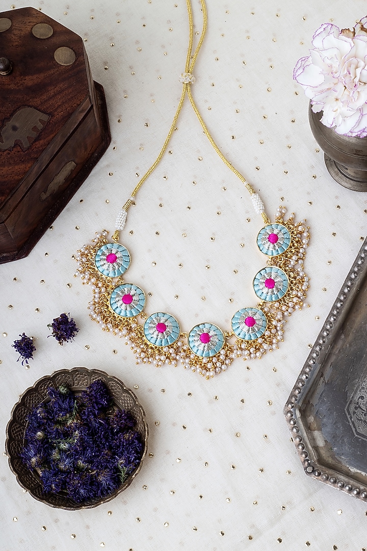 Matte Gold Finish Sky Blue & Pink Zari Silk Embroidered Layered Necklace by Bauble Bazaar at Pernia's Pop Up Shop