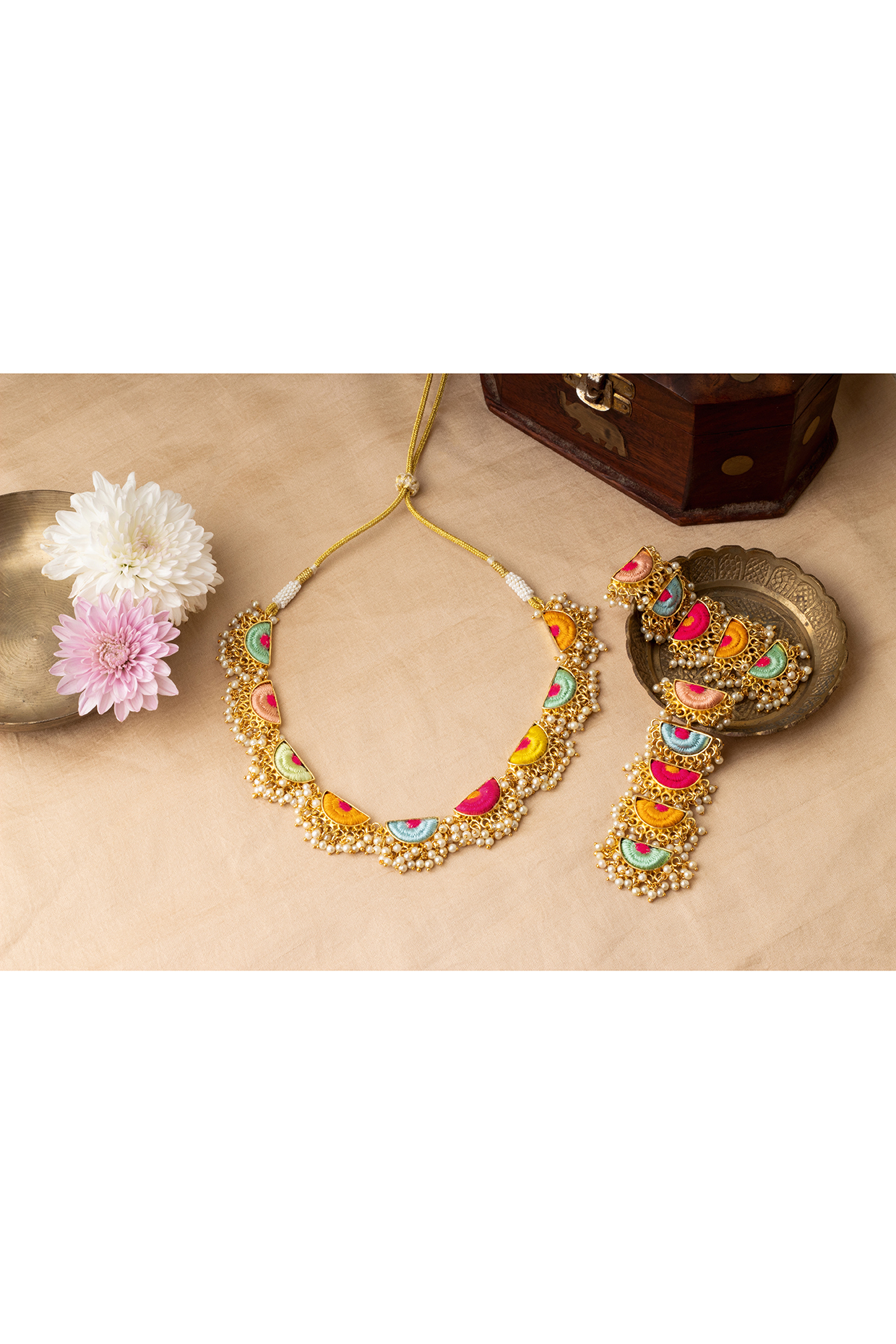 Matte Gold Finish Multi-Colored Embroidered Layered Semi-Circular Necklace Set by Bauble Bazaar at Pernia's Pop Up Shop