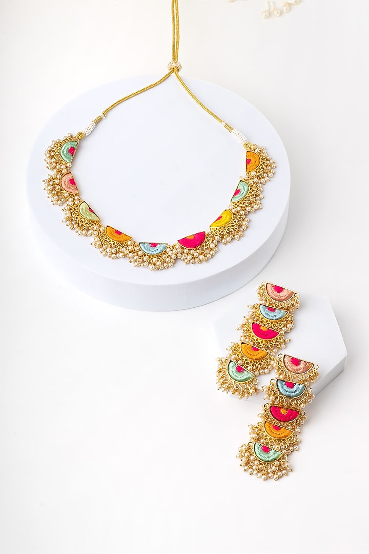 Matte Gold Finish Multi-Colored Embroidered Layered Semi-Circular Necklace Set by Bauble Bazaar at Pernia's Pop Up Shop