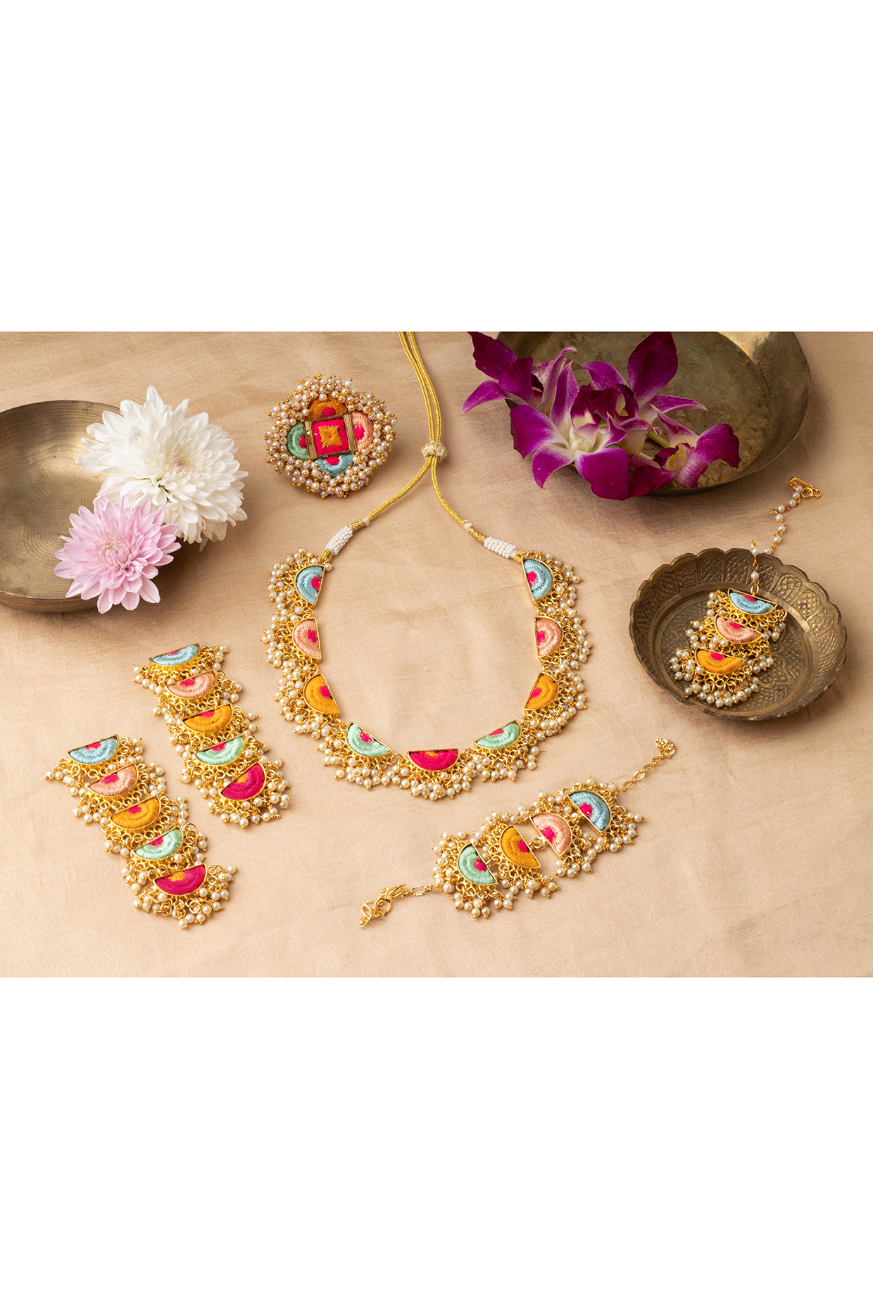 Matte Gold Finish Multi-Colored Embroidered & Pearl hanging Layered Semi-Circular Necklace Set by Bauble Bazaar at Pernia's Pop Up Shop