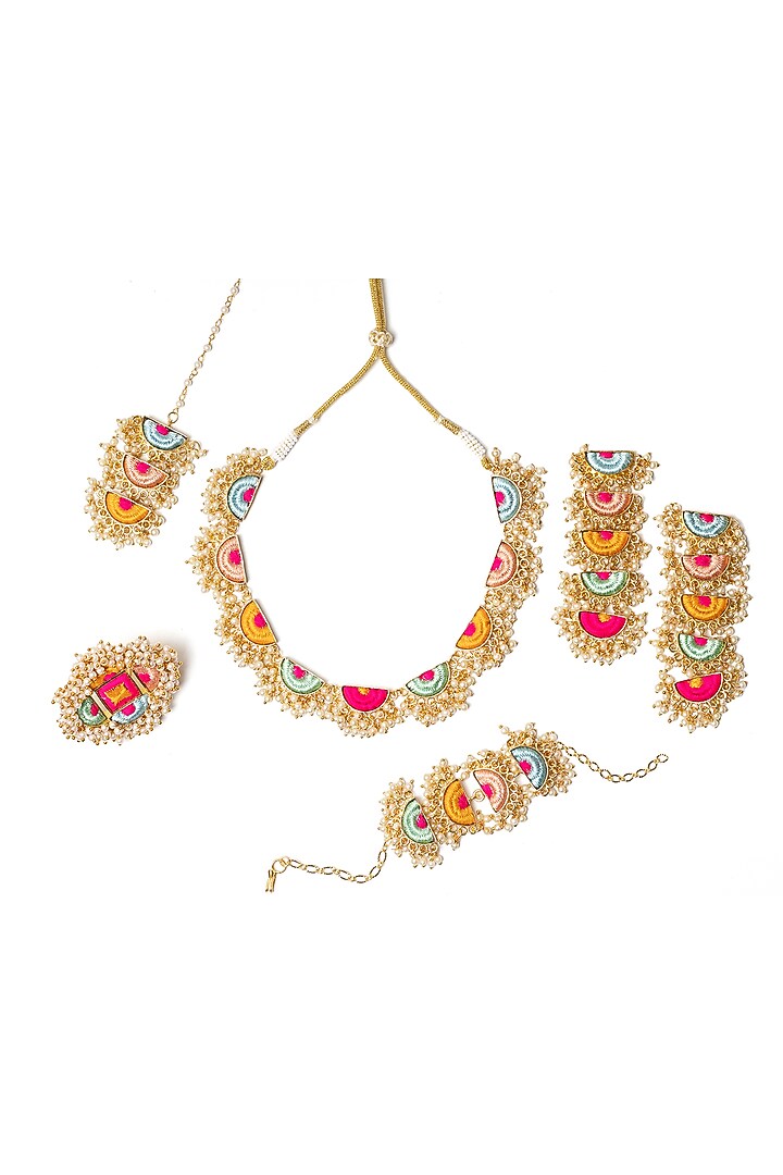 Matte Gold Finish Multi-Colored Embroidered & Pearl hanging Layered Semi-Circular Necklace Set by Bauble Bazaar at Pernia's Pop Up Shop