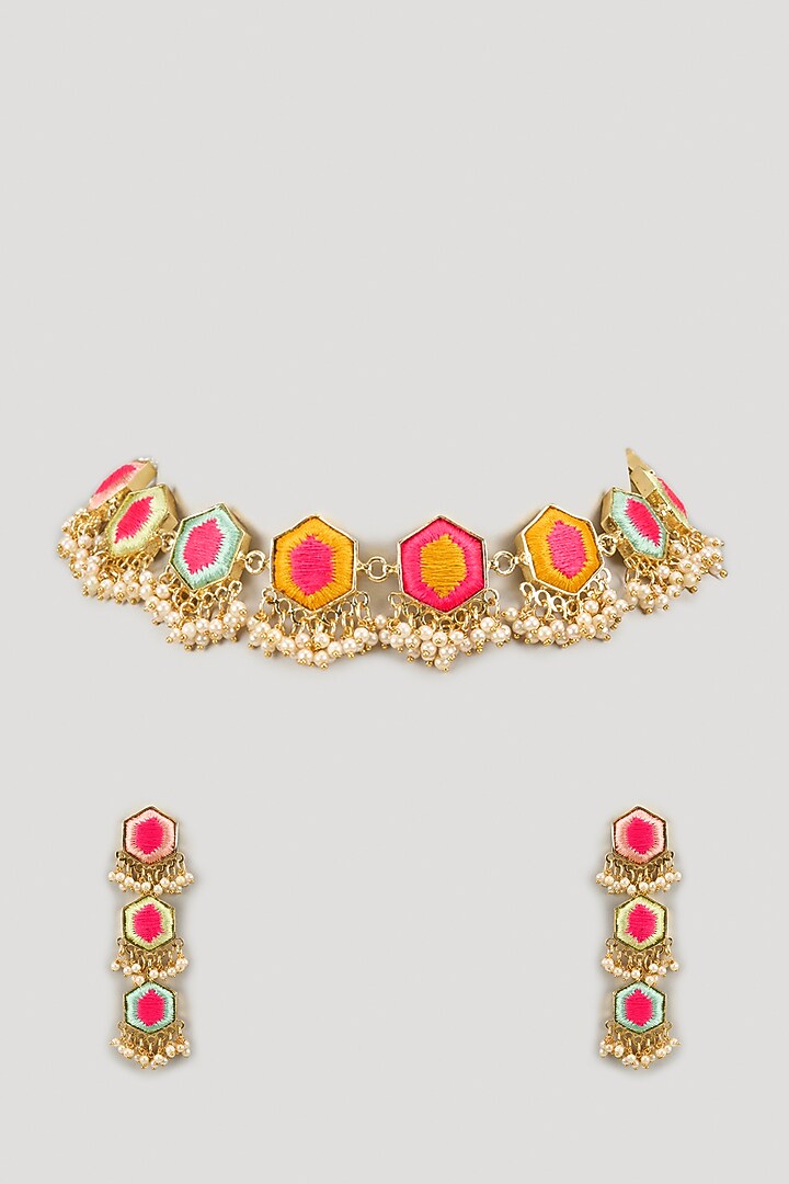 Matte Gold Finish Silk Embroidered & Pearl hanging Layered Necklace Set by Bauble Bazaar at Pernia's Pop Up Shop