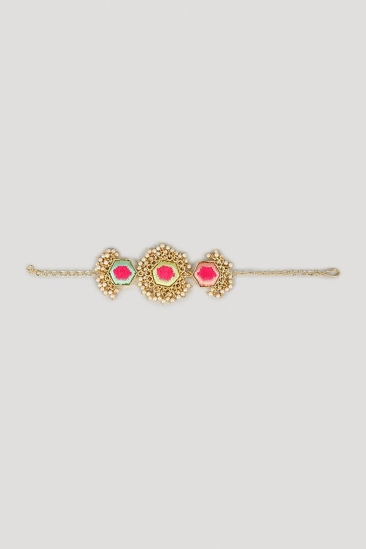 Matte Gold Finish Silk Embroidered & Pearl hanging Layered Necklace Set by Bauble Bazaar at Pernia's Pop Up Shop