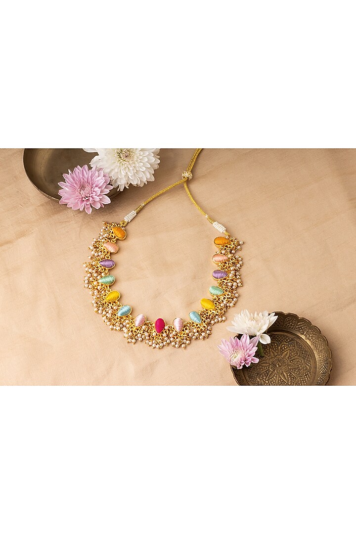 Matte Gold Finish Multi-Colored Embroidered Layered Necklace Set by Bauble Bazaar at Pernia's Pop Up Shop