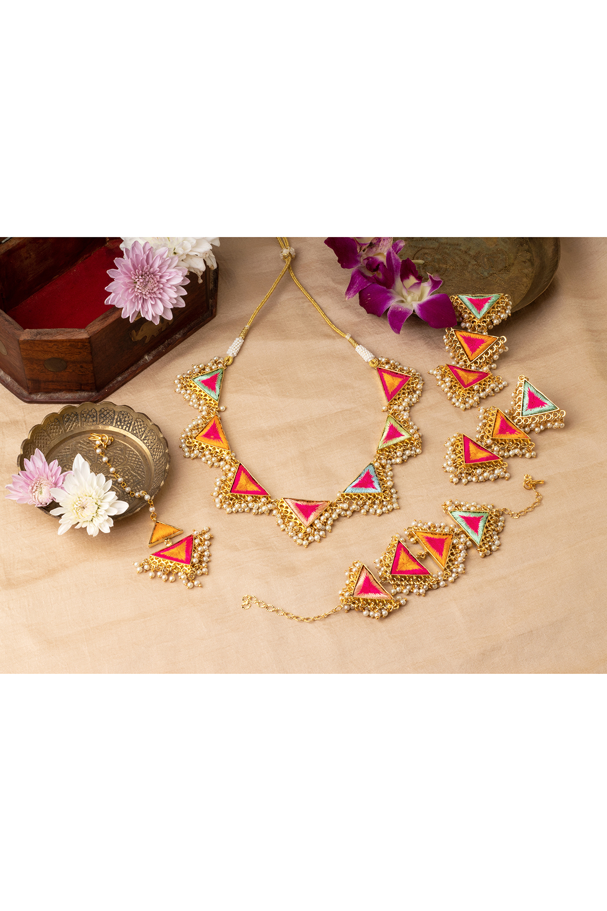 Matte Gold Finish Multi-Colored Embroidered & Pearl Hanging Layered Necklace Set by Bauble Bazaar at Pernia's Pop Up Shop