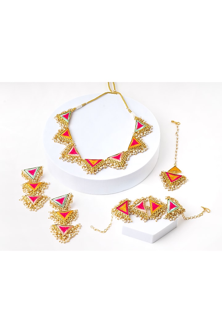 Matte Gold Finish Multi-Colored Embroidered & Pearl Hanging Layered Necklace Set by Bauble Bazaar at Pernia's Pop Up Shop