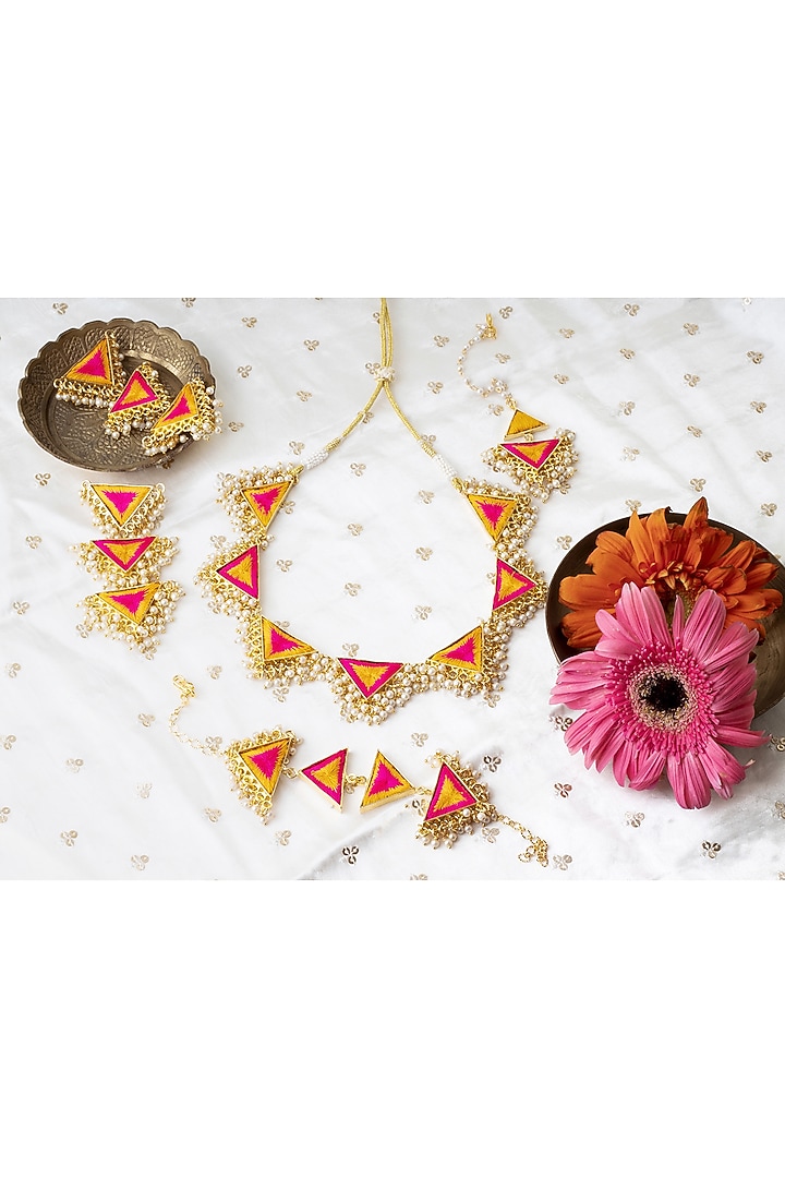 Matte Gold Finish Pink & Yellow Embroidered Layered Necklace Set by Bauble Bazaar at Pernia's Pop Up Shop