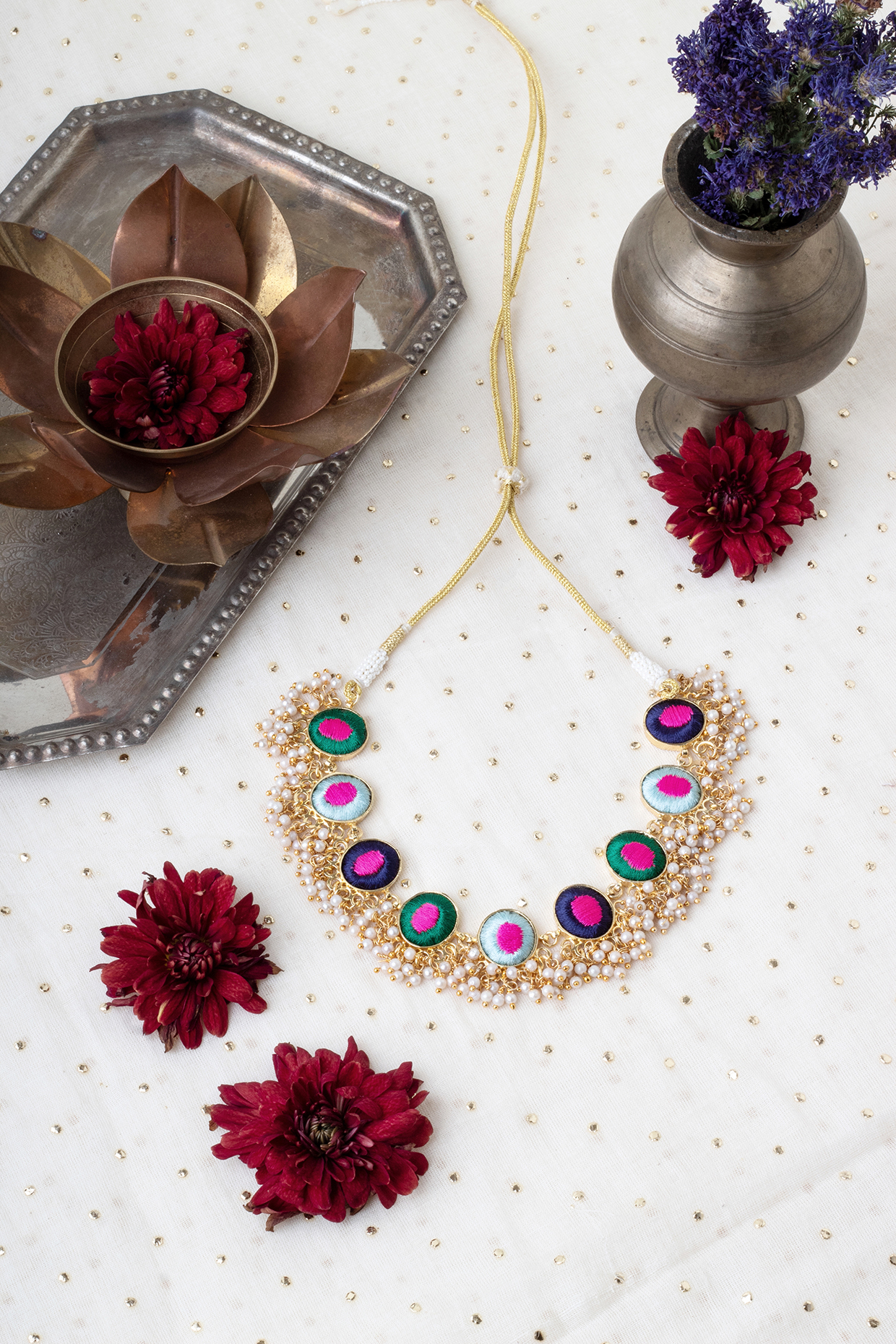 Matte Gold Finish Multi-Colored Embroidered & Pearl Hanging Layered Necklace by Bauble Bazaar at Pernia's Pop Up Shop