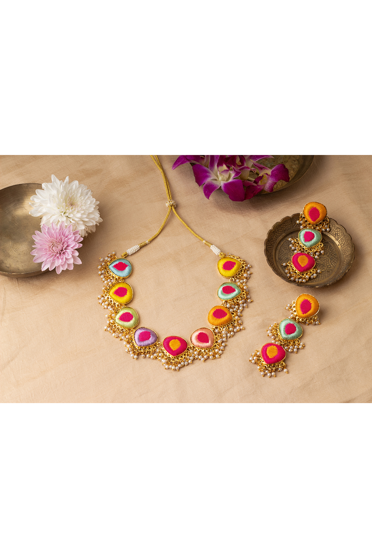 Matte Gold Finish Multi-Colored Embroidered & Pearl hanging Layered Necklace Set by Bauble Bazaar at Pernia's Pop Up Shop