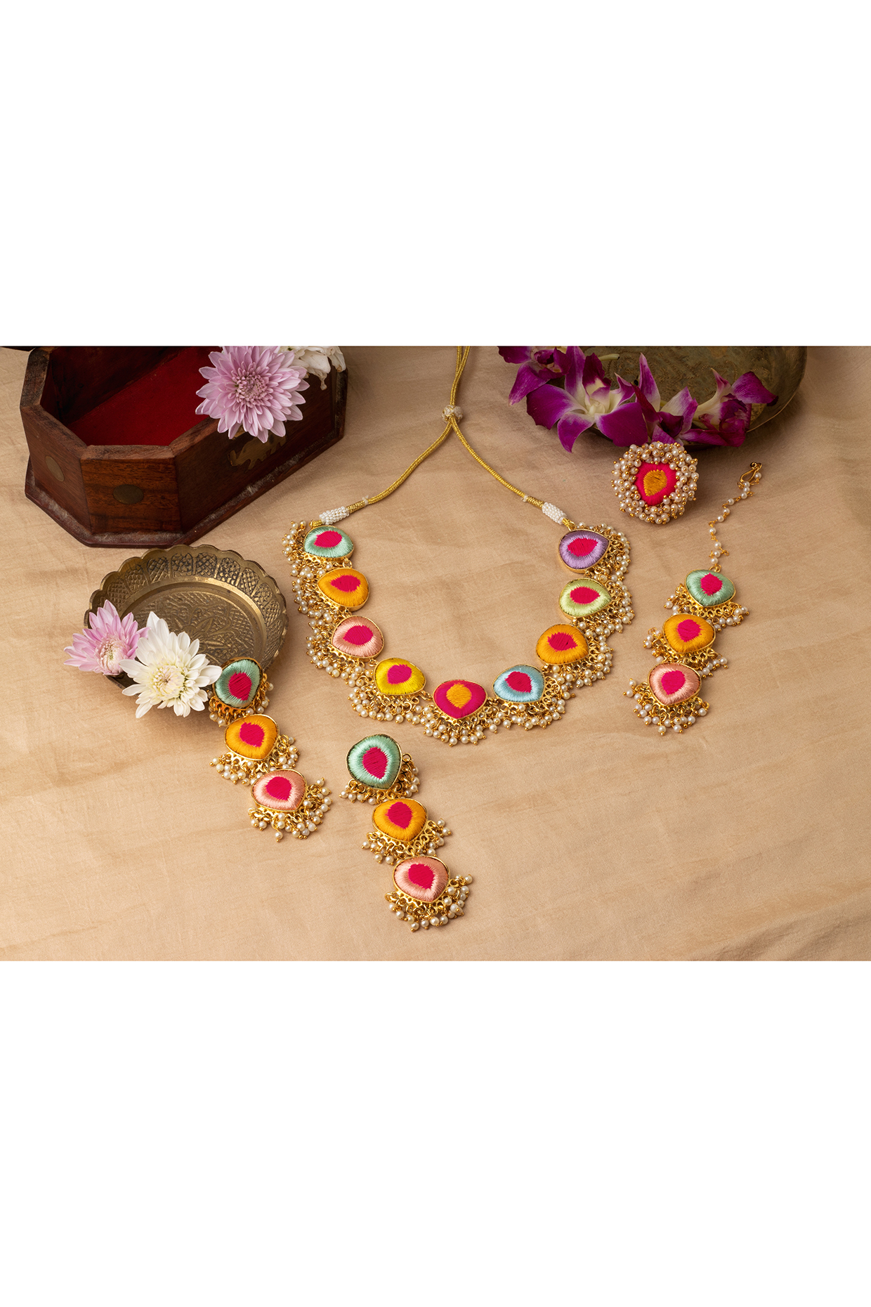 Matte Gold Finish Multi-Colored Embroidered & Pearl hanging Layered Necklace Set by Bauble Bazaar at Pernia's Pop Up Shop