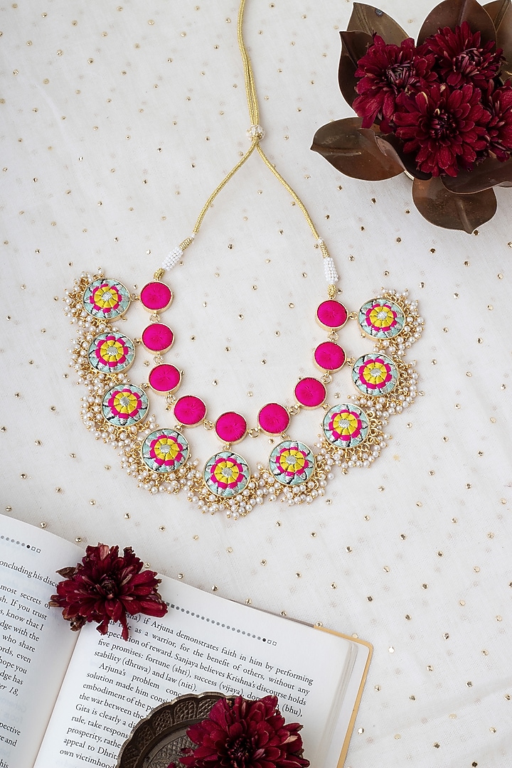 Matte Gold Finish Zari Silk Embroidered & Pearl hanging Layered Necklace by Bauble Bazaar at Pernia's Pop Up Shop
