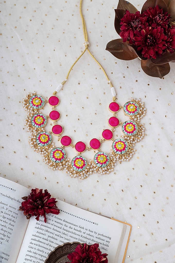 Matte Gold Finish Zari Silk Embroidered Pearl hanging Layered