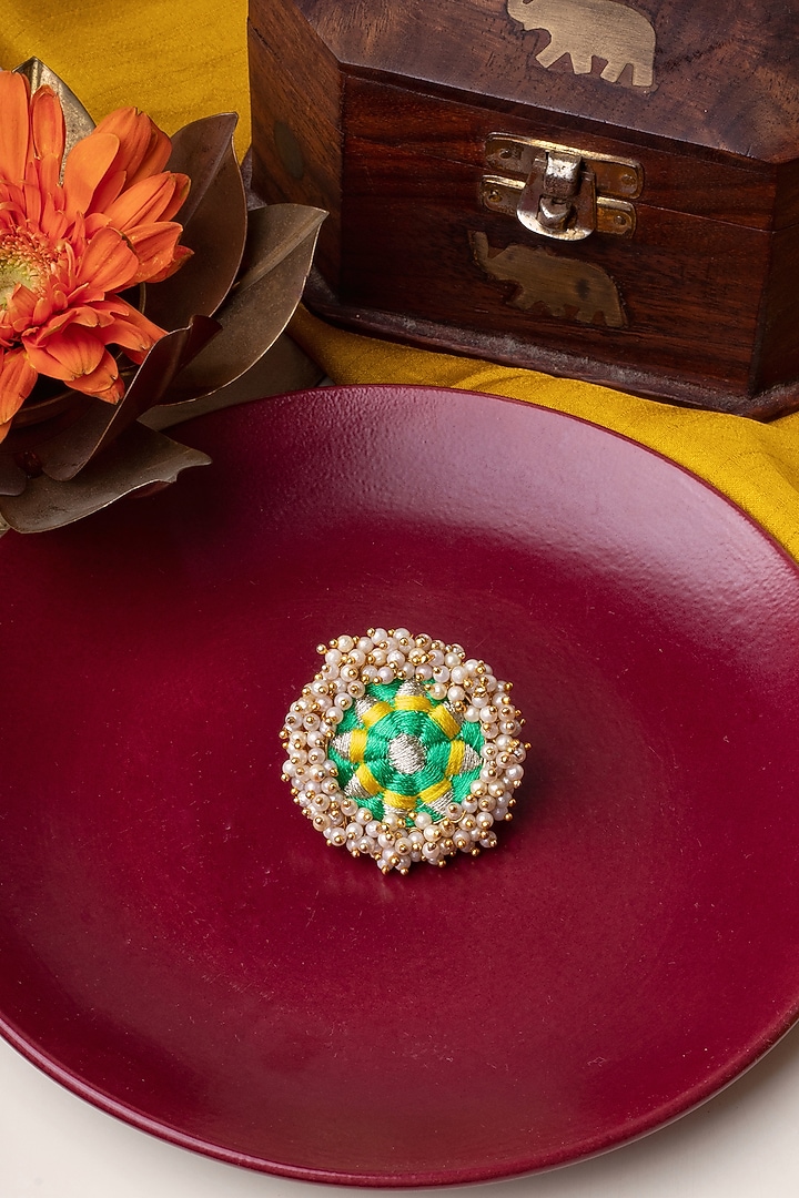 Matte Gold Finish Lime Green & Yellow Embroidered Ring by Bauble Bazaar at Pernia's Pop Up Shop