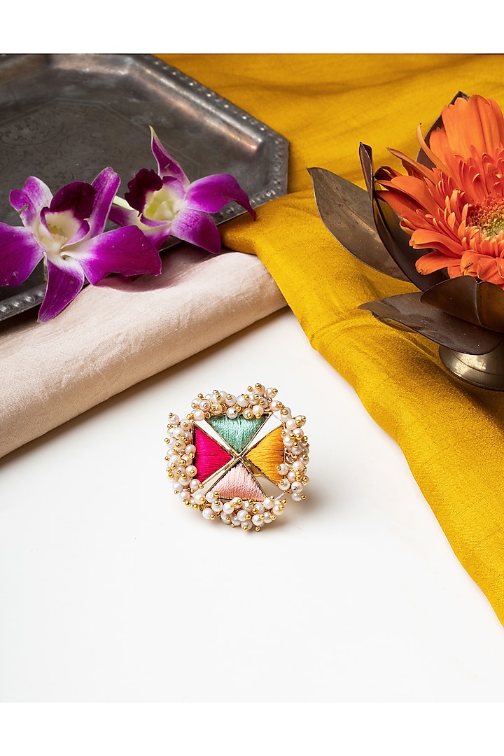 Matte Gold Finish Multi-Colored Embroidered & Pearl hanging Ring by Bauble Bazaar at Pernia's Pop Up Shop