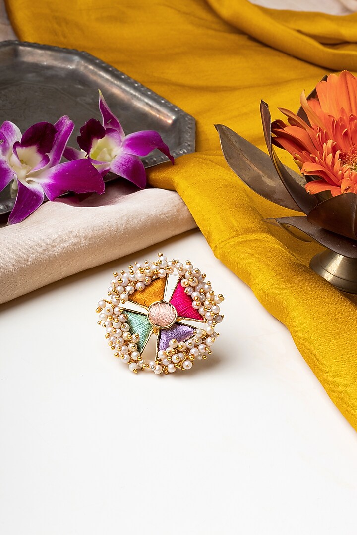 Matte Gold Finish Multi-Colored Embroidered & Pearl Hanging Ring by Bauble Bazaar at Pernia's Pop Up Shop