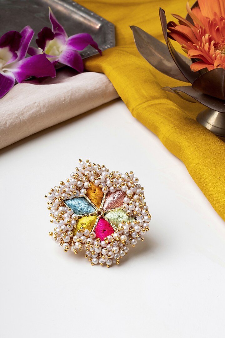Matte Gold Finish Multi-Colored Embroidered & Pearl Hanging Ring by Bauble Bazaar at Pernia's Pop Up Shop
