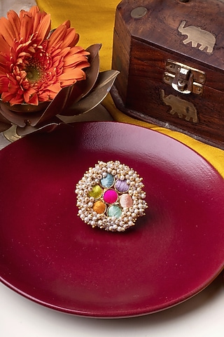 Matte Gold Finish Multi-Colored Embroidered & Pearl Hanging Ring by Bauble Bazaar
