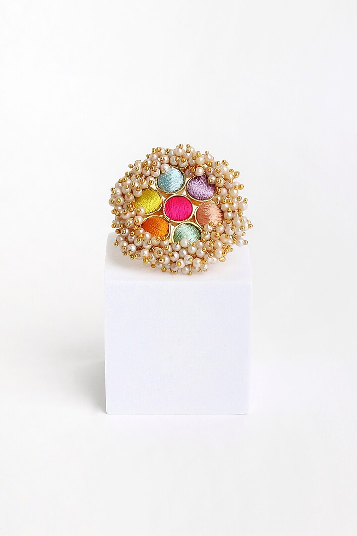 Matte Gold Finish Multi-Colored Embroidered & Pearl Hanging Ring by Bauble Bazaar at Pernia's Pop Up Shop