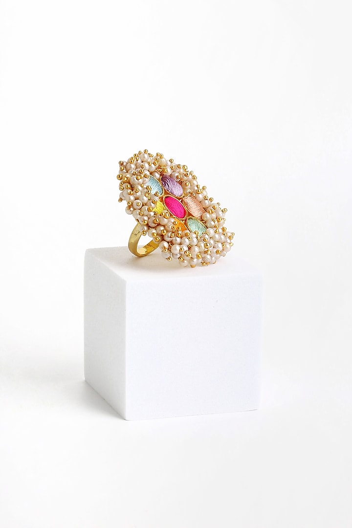 Matte Gold Finish Multi-Colored Embroidered & Pearl Hanging Ring by Bauble Bazaar at Pernia's Pop Up Shop