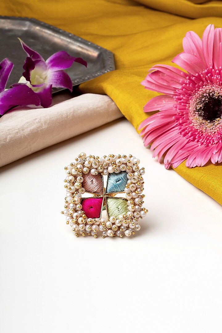 Matte Gold Finish Multi-Colored Embroidered & Pearl Hanging Ring by Bauble Bazaar at Pernia's Pop Up Shop