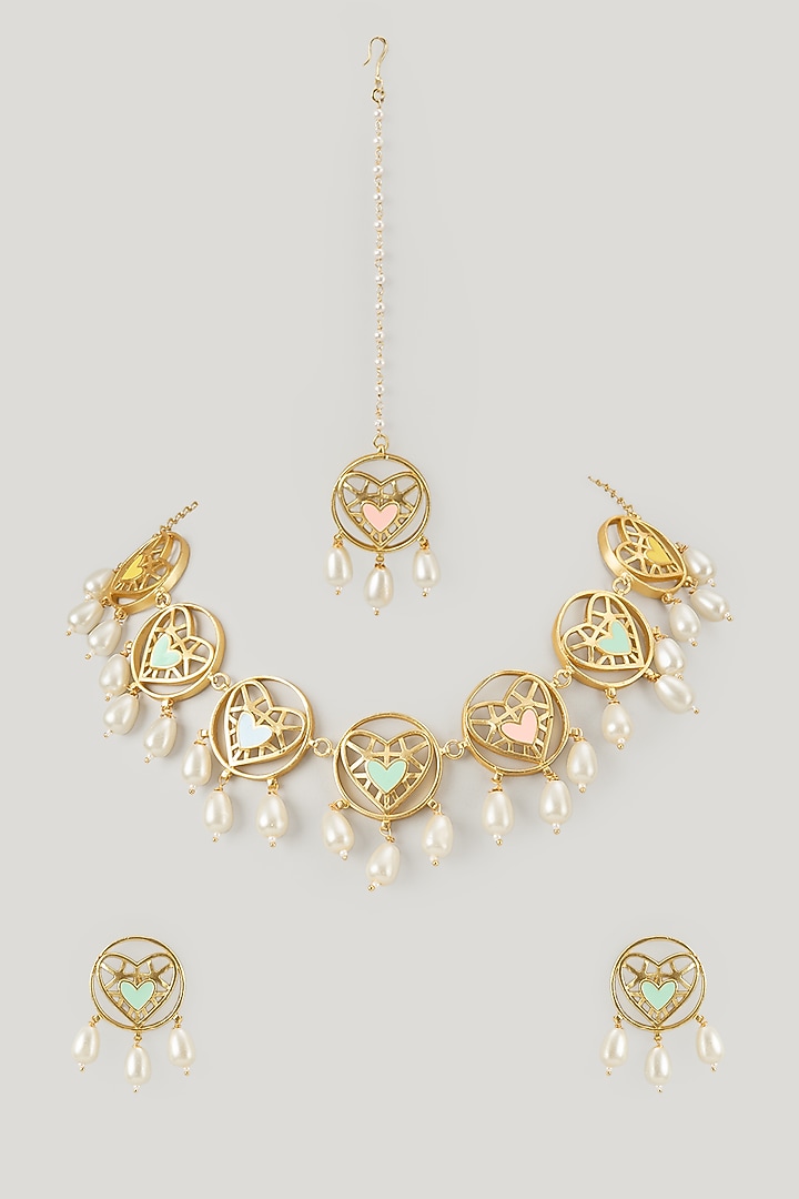 Gold Finish Swarovski Enameled Necklace Set by Bauble Bazaar at Pernia's Pop Up Shop