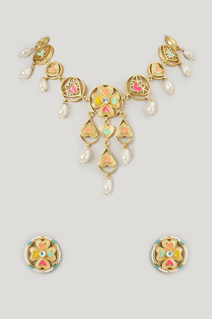 Gold Finish Swarovski Enameled Necklace Set by Bauble Bazaar at Pernia's Pop Up Shop