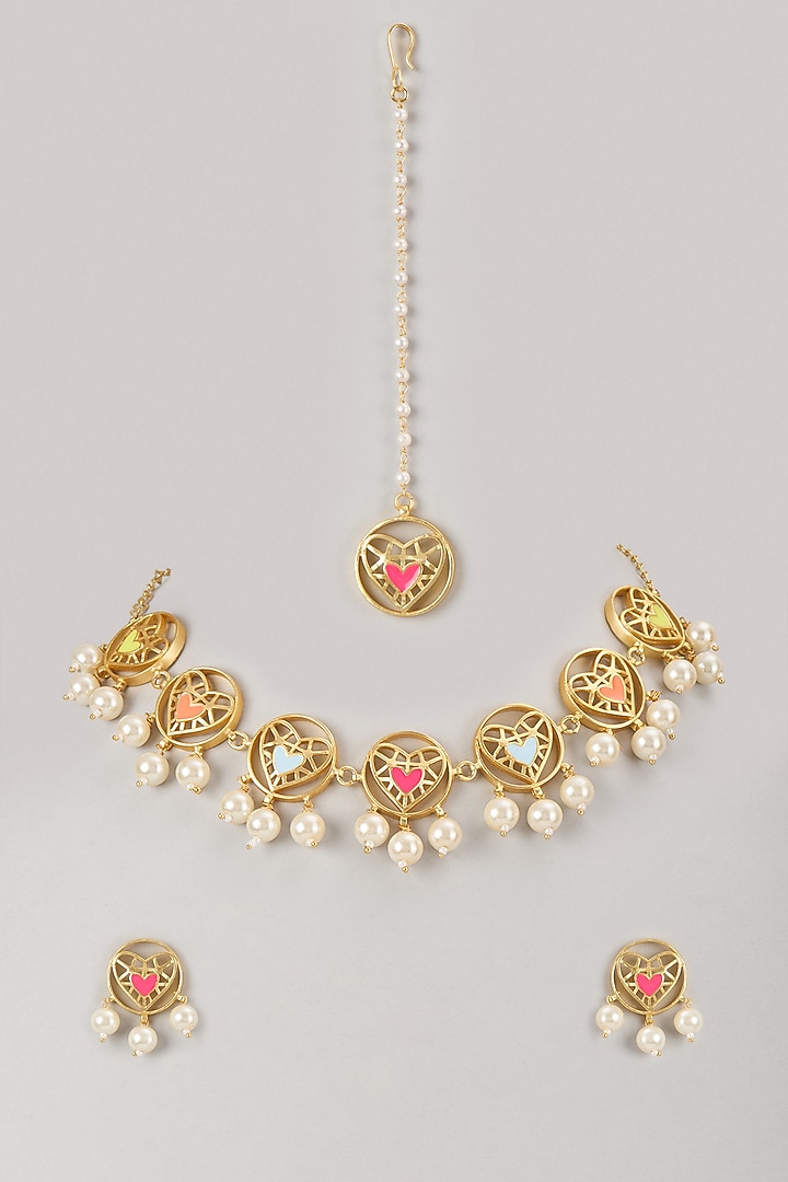 Gold Finish Multi-Colored Stone Necklace Set by Bauble Bazaar at Pernia's Pop Up Shop