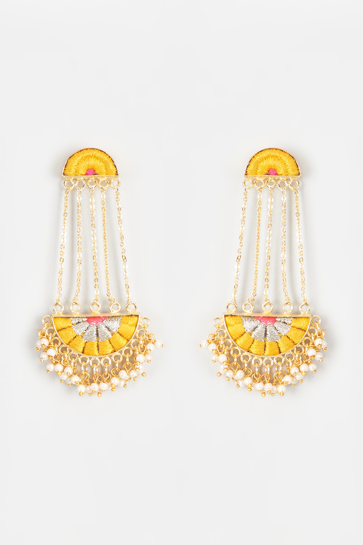 Gold Finish Embroidered Semi-Circular Dangler Earrings by Bauble Bazaar at Pernia's Pop Up Shop