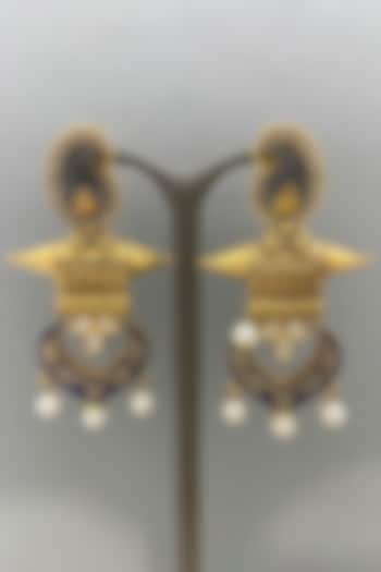 Gold Finish Blue Enameled Earrings by Bauble Bazaar