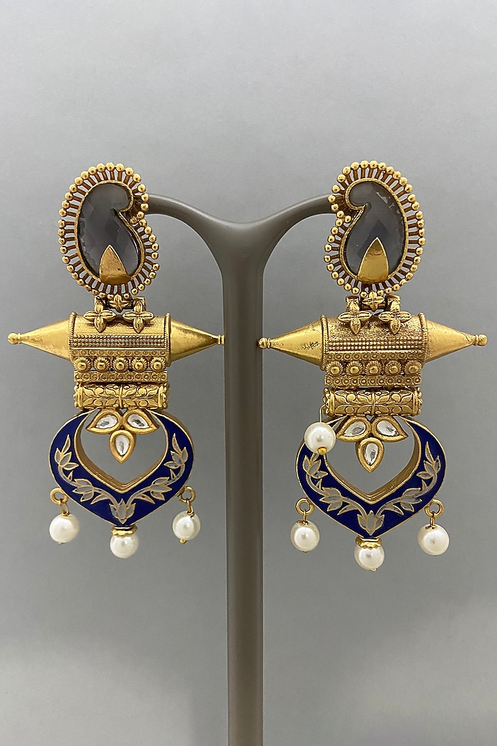 Gold Finish Blue Enameled Earrings by Bauble Bazaar