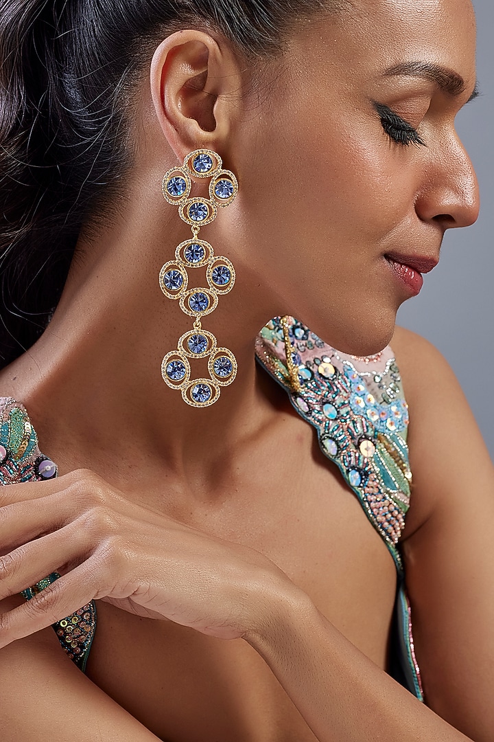 Gold Finish Sapphire Swarovski Crystal & Diamond Dangler Earrings by Bauble Bazaar at Pernia's Pop Up Shop