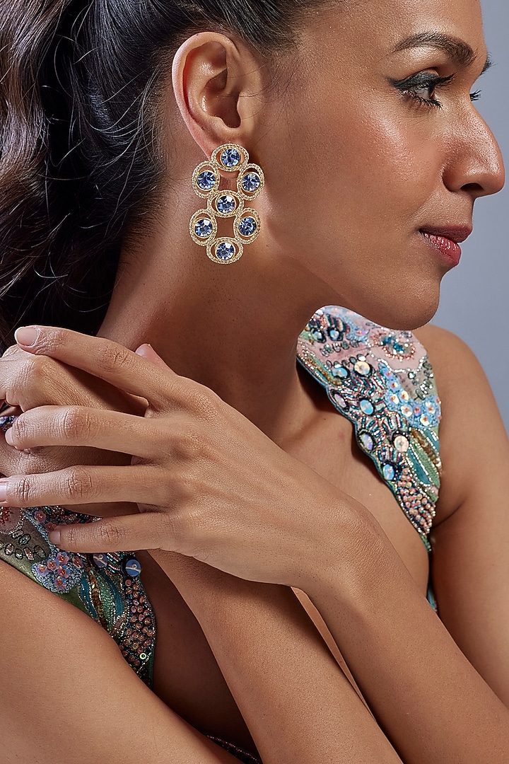 Gold Plated Sapphire Swarovski Crystal & Diamond Dangler Earrings by Bauble Bazaar at Pernia's Pop Up Shop