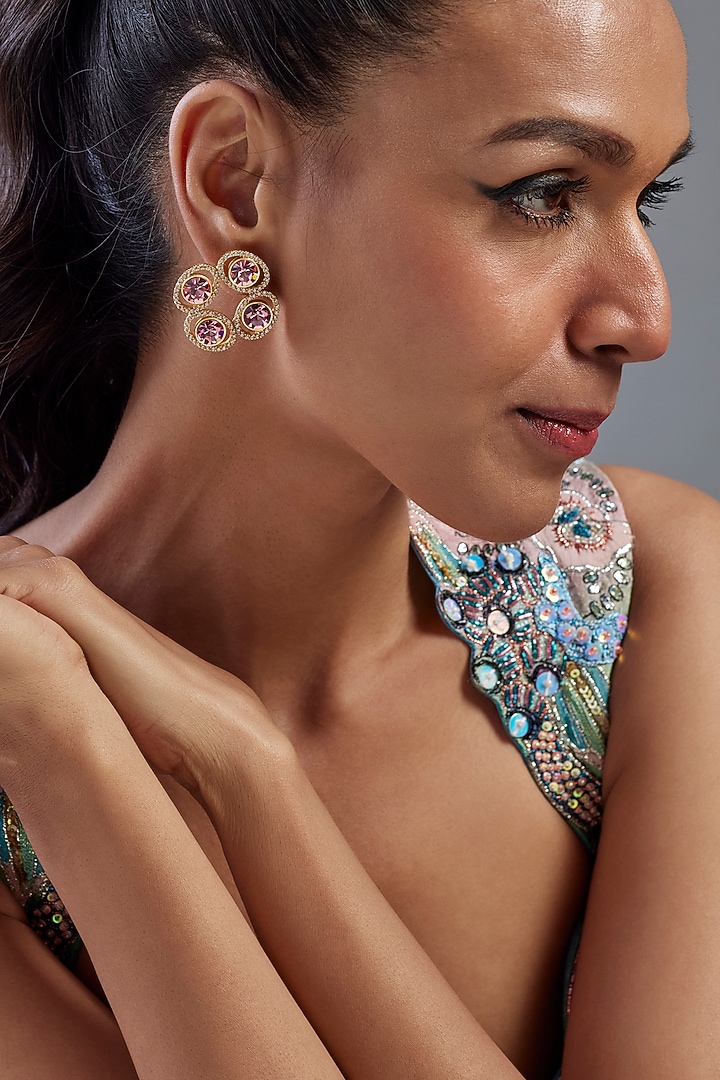 Gold Plated Rose Swarovski Crystal & American Diamond Stud Earrings by Bauble Bazaar at Pernia's Pop Up Shop