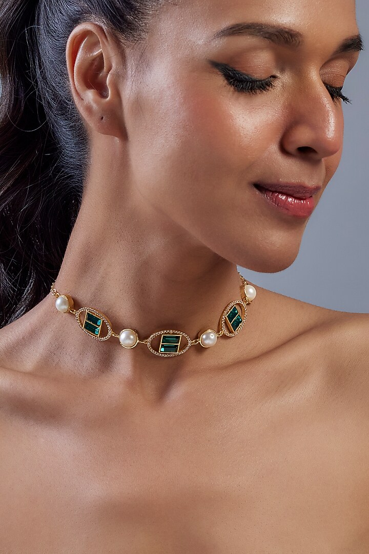 Gold Plated Emerald Swarovski Crystal & American Diamond Choker Necklace by Bauble Bazaar at Pernia's Pop Up Shop