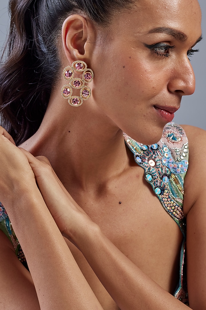 Gold Plated Rose Swarovski Crystal & White Diamond Dangler Earrings by Bauble Bazaar at Pernia's Pop Up Shop