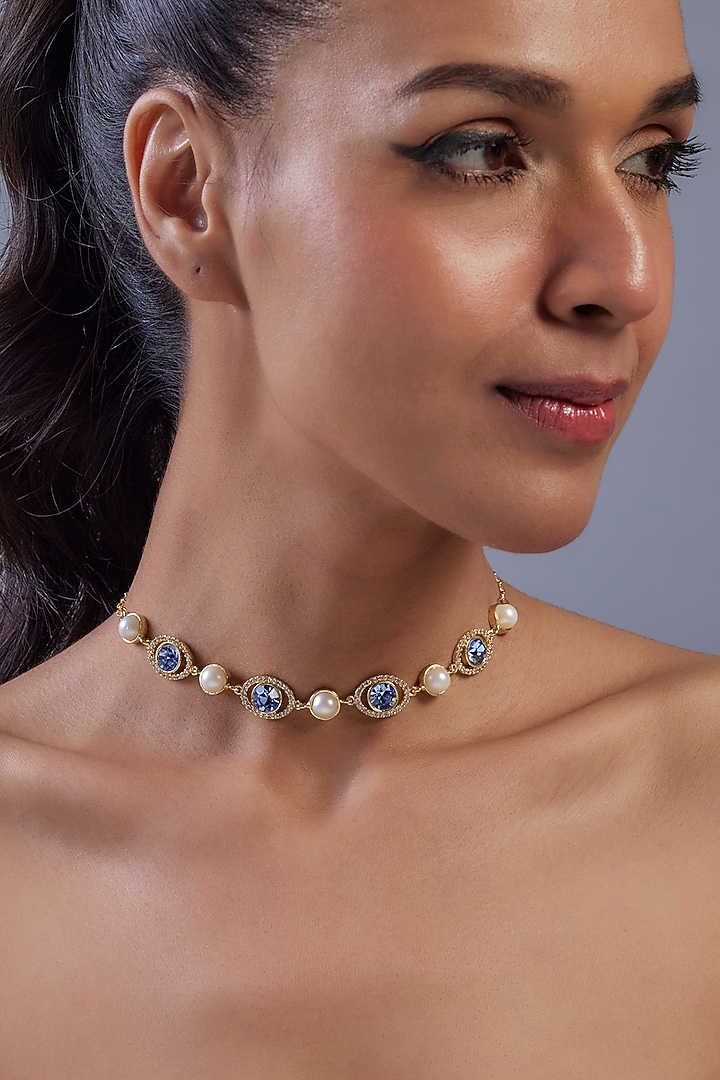 Gold Plated Sapphire Swarovski Crystal & American Diamond Choker Necklace by Bauble Bazaar at Pernia's Pop Up Shop